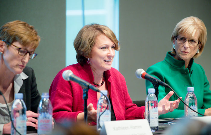 The panel discussion included, from left, Kathleen Hamm, counselor to the deputy secretary at the U.S. Department of Treasury; Lloyd’s CEO Inga Beale; and former N.J. Gov. Christine Todd Whitman