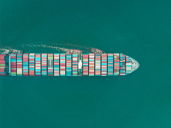 Overhead view of a large cargo ship