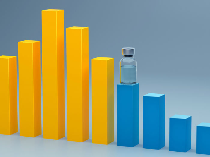 A vial of medication sits atop a three-dimensional bar graph showing declining use
