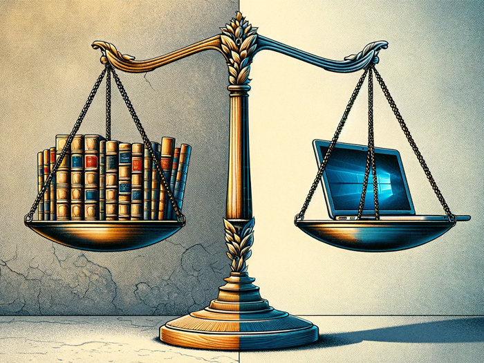 Illustration of the scales of justice balancing books and a laptop