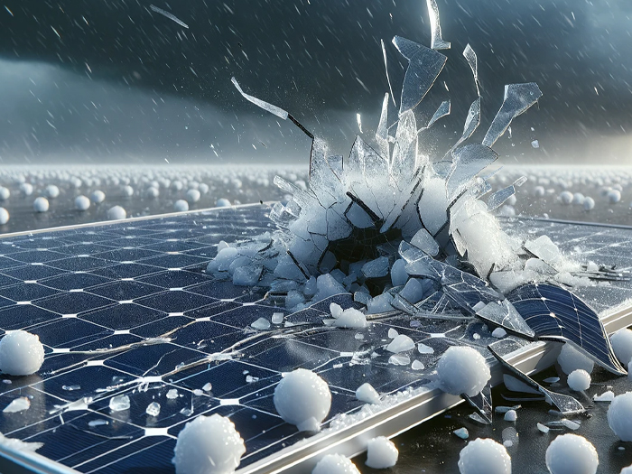 Large hailstones strike and shatter a solar panel