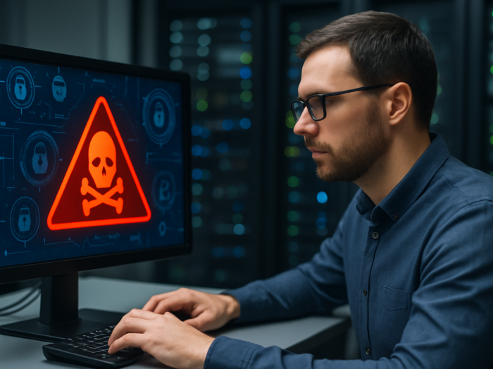 rofessional working at a computer with cybersecurity elements visible