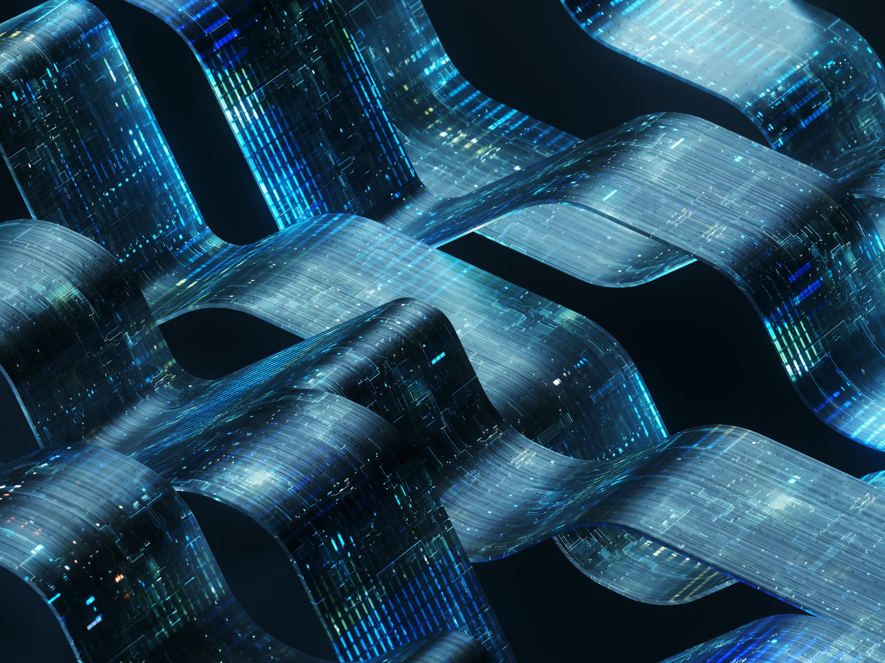 Digitally generated image of an intricate, abstract design featuring several interconnected, ribbon-like structures that appear to flow in a fluid, wave-like pattern