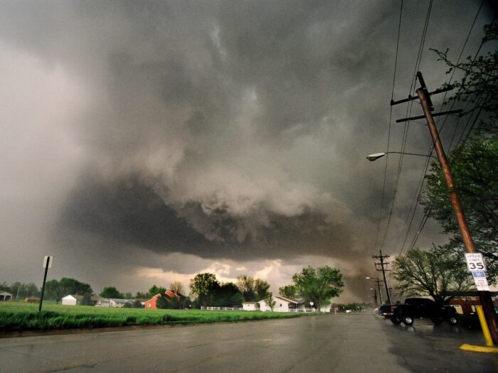 A tornado touches down in the distance