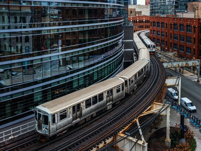 Chicago Transit Authority elevated trains on tracks above the city