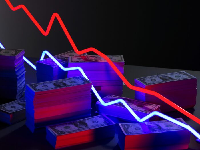 Neon lights surrounded by piles of money