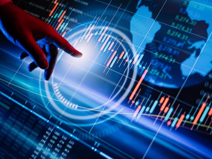 futuristic digital screen with financial analytics