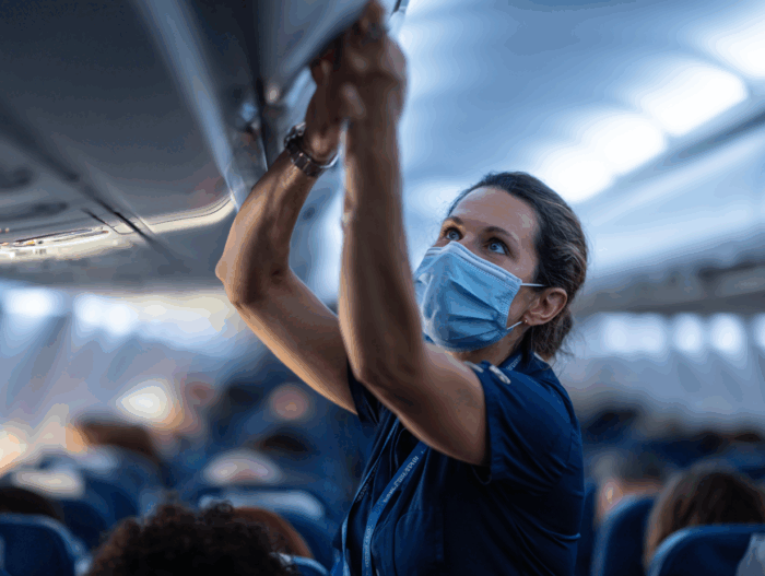 female flight attendant, masked.