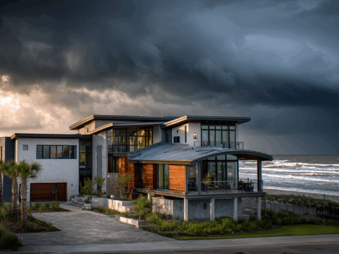 A resilient modern luxury home facing an approaching storm