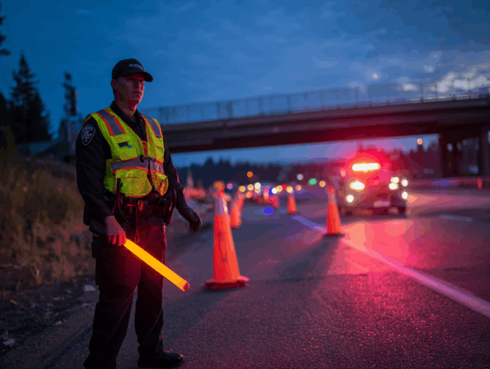 A uniformed law enforcement officer directing traffic at a highway construction site.