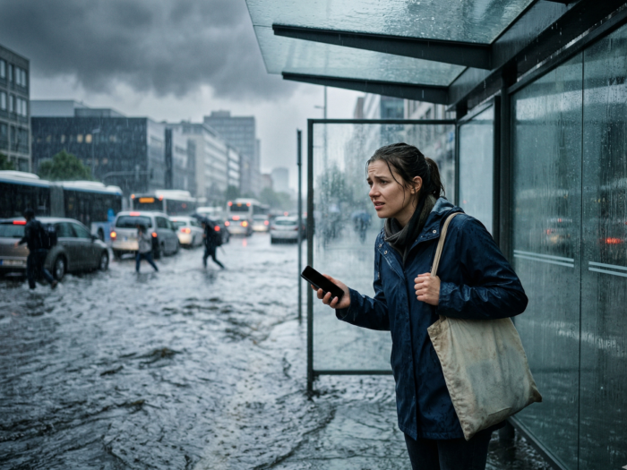 adult commuter stranded at a flooded urban transit stop