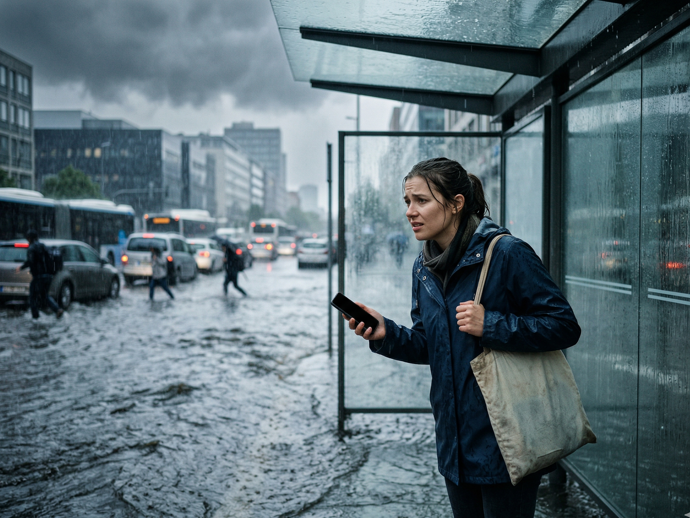 adult commuter stranded at a flooded urban transit stop