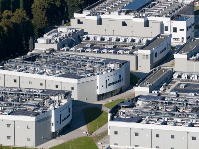 Close up details of data center, computing center, high consumption electricity. Cooling and emergency power.