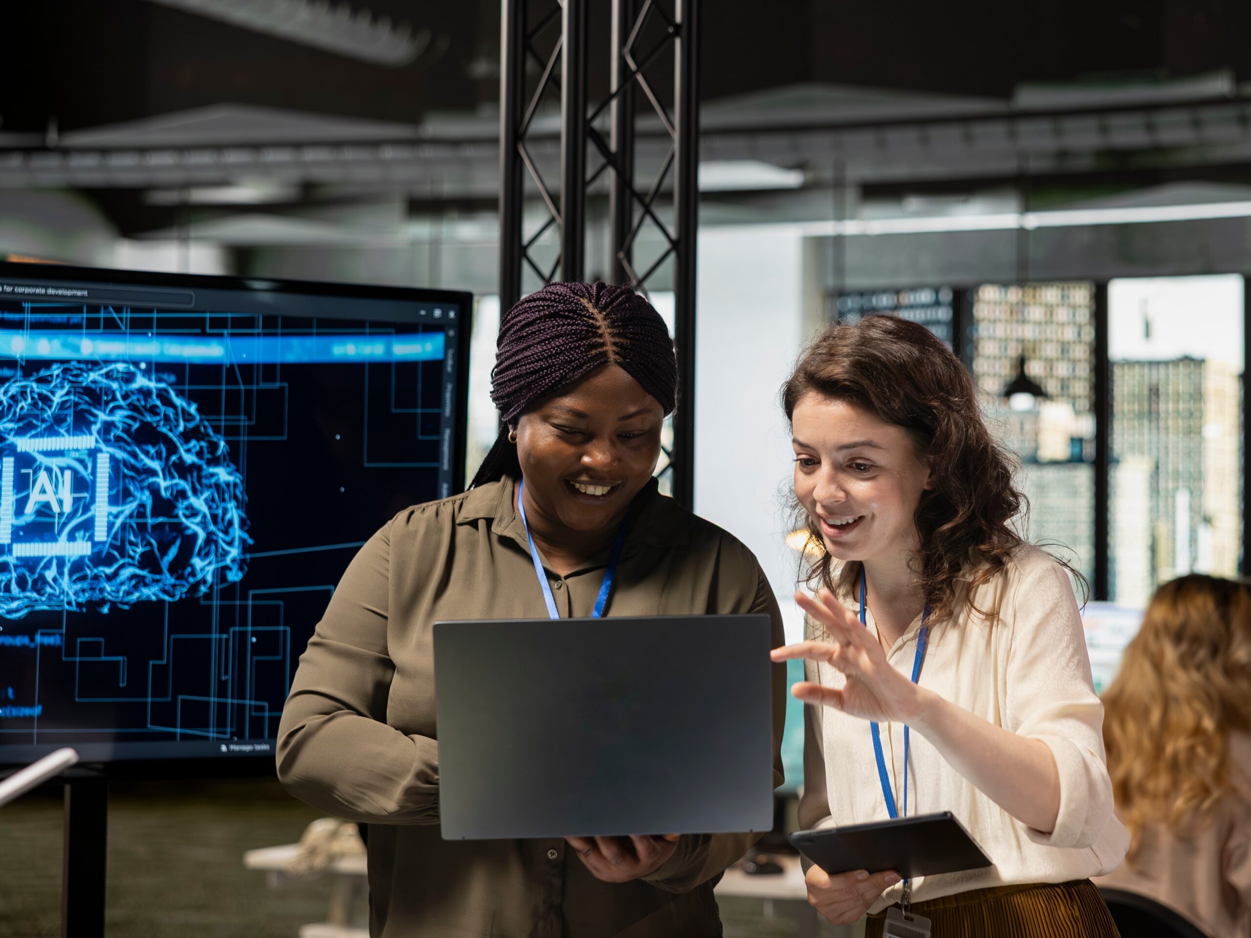 diverse team reviewing AI analytics