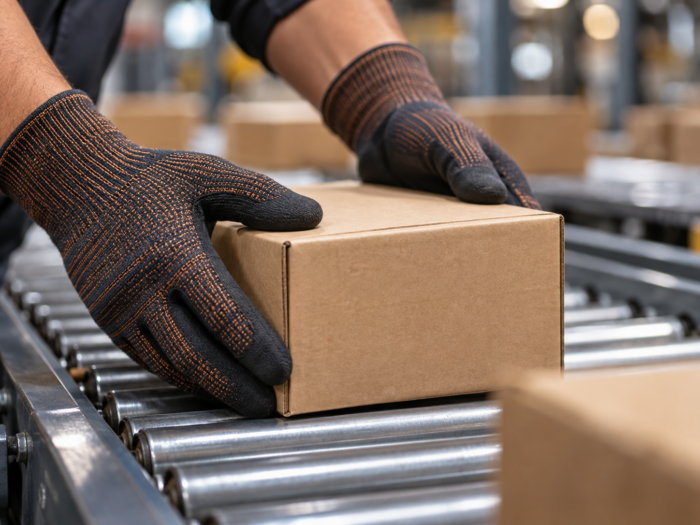 A close-up of a worker's hands handling a small parcel.
