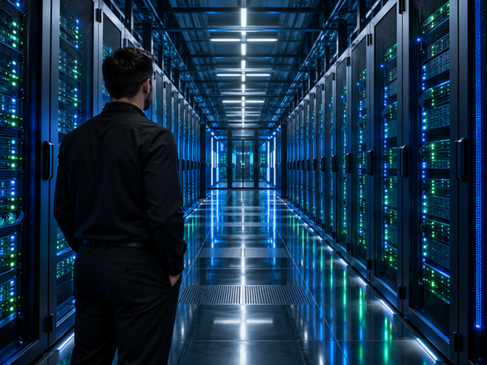 IT professional standing in a high-tech server room