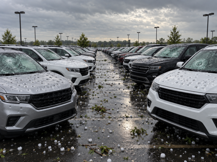 Hailstorm aftermath at car dealership concept