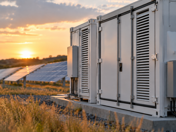 White battery storage containers stand near rows of solar panels.