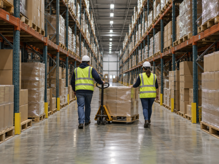 Warehouse Workers Moving Palletized Boxes