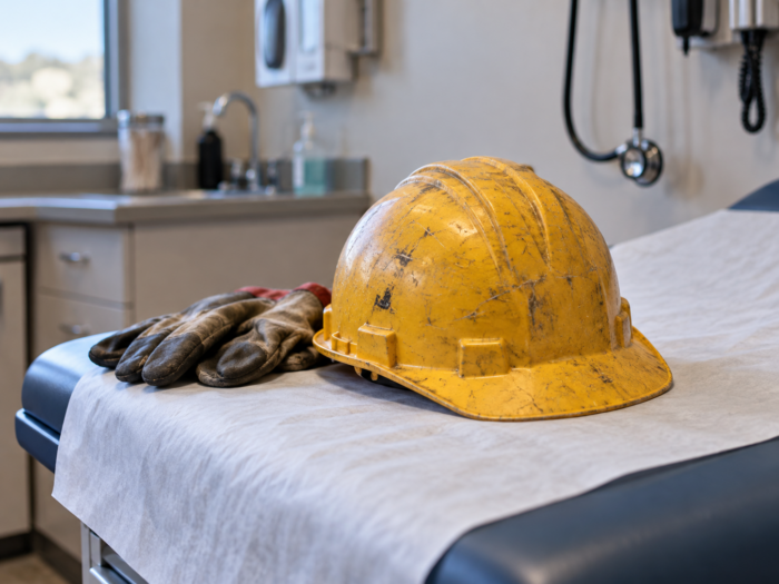hard hat on medical exam table
